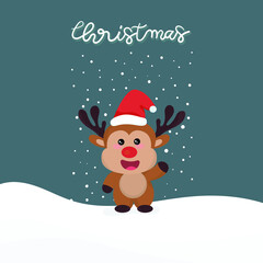 Cute holiday reindeer face.Cute Reindeer and snow with santa claus lettering.