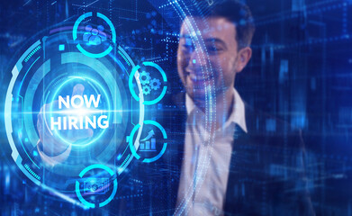 Business, Technology, Internet and network concept. Young businessman working on a virtual screen of the future and sees the inscription: Now hiring