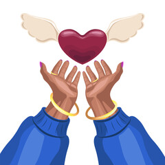 Heart in hands. Hand holding heart flat vector illustration. A flying heart with angel wings in hands. Valentine's day.