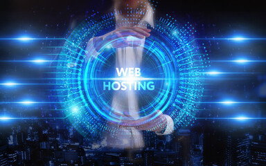 Fototapeta premium Business, Technology, Internet and network concept. Young businessman working on a virtual screen of the future and sees the inscription: Web hosting