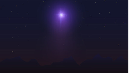 Bethlehem Star over mountains. Dark night starry sky. Abstract background. Vector illustration.