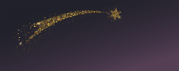 Silhouette of glittering Bethlehem Star. Flying golden comet with shimmering dust. Abstract background. Vector illustration. - obrazy, fototapety, plakaty