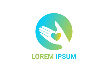 Vector logo element with hand and heart illustration whose philosophy is giving with love. Usable for logos for volunteers, charity organizations and general children's education.