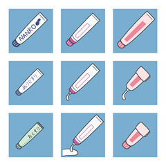 チューブの塗り薬アイコンセット・主線あり・背景付き・ベクター