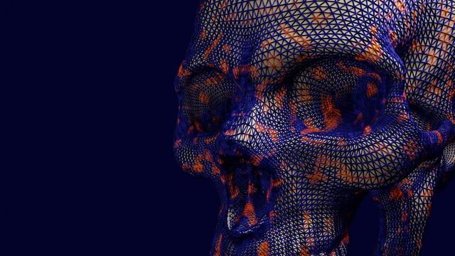 Totenkopf mit Gittermaske in Rorschachmuster, bunt, blauer Hintergrund. 3D Animation
