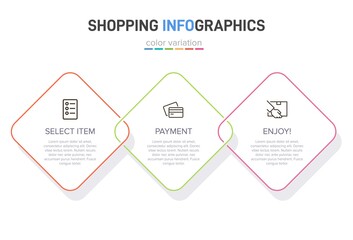 Concept of shopping process with 3 successive steps. Three colorful graphic elements. Timeline design for brochure, presentation, web site. Infographic design layout.