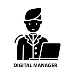 digital manager icon, black vector sign with editable strokes, concept illustration