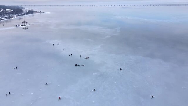 View from above. Fishermen sit on thin ice in the water area of the Amur Bay in Vladivostok. The camera flies over the fishermen sitting on the ice against the background of a low-water bridge 