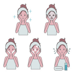 泡洗顔 洗顔 顔を拭く 女性の横顔のイラストセット Wall Mural Tabin 泡洗顔 洗顔 顔を拭く 女性の横顔のイラストセット Wall Mural Tabin