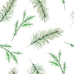 Fototapeta na wymiar Watercolor pattern with green pine and spruce branches