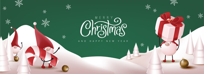 Merry Christmas banner with cute gnome and festive decoration for christmas
