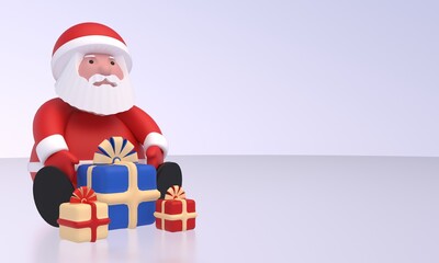 Santa Claus sits on ice with boxes of gifts. Idea for New Year, Christmas banner, greeting card, design element. 3D rendering