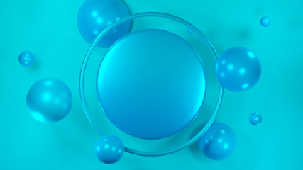 3D Rendering of Colorful spheres of balls on blue background.
