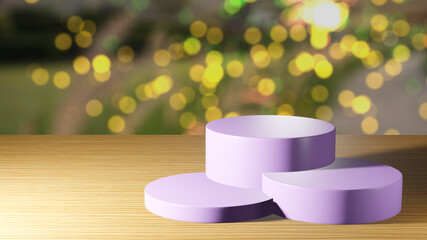 3D Rendering of Premium pink podium mock and wood table on bokeh background, platform for product presentation.