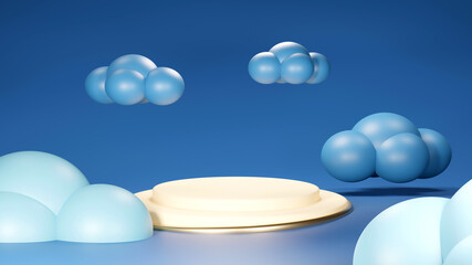 3D Rendering of Premium blue podium mock and cloud on blue background, platform for product presentation.