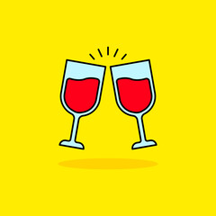 Two glass clinking vector illustration isolated on yellow background. Linear color style of two glass clinking