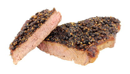 Grilled peppered sirloin steak isolated on a white background