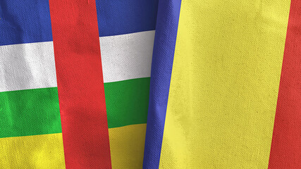 Romania and Central African Republic two flags textile cloth 3D rendering