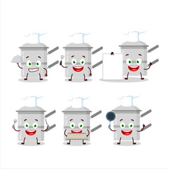 Cartoon character of double boiler with various chef emoticons