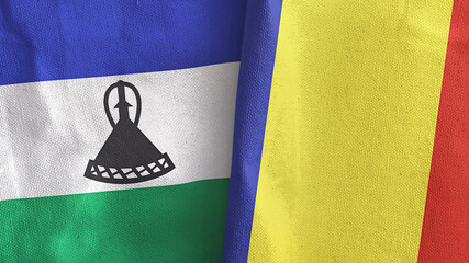 Romania and Lesotho two flags textile cloth 3D rendering