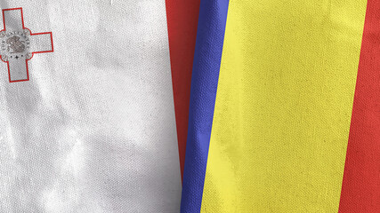 Romania and Malta two flags textile cloth 3D rendering