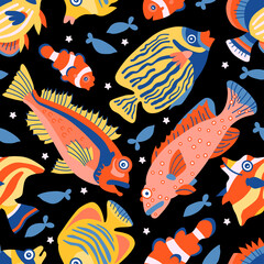 Cute marine kids pattern. Childish seamless with underwater animals. Vector backdrop. Creative texture for fabric, wrapping, textile, wallpaper, apparel. Baby fish sea background. One of 12