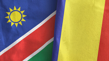 Romania and Namibia two flags textile cloth 3D rendering