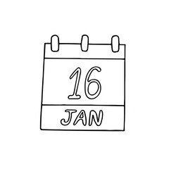 calendar hand drawn in doodle style. January 16. World Beatles Day, Religious Freedom, date. icon, sticker, element, design. planning, business holiday
