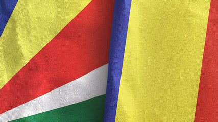 Romania and Seychelles two flags textile cloth 3D rendering