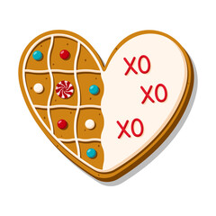 Christmas gingerbread heart is icing decorated with phrase XO. Festive cookies in the shape of a heart. Romantic vector illustrations for valentine's day, wedding, cooking, romance, love, etc.