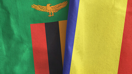 Romania and Zambia two flags textile cloth 3D rendering