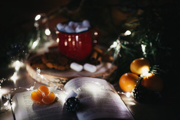 New Year's and Christmas decor. Christmas trees and gifts, decorations