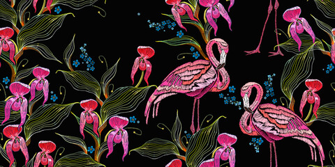 Snap dragon flowers, meadow herbs and pink flamingo. Floral seamless pattern. Summer tropical art. Embroidery. Line style. Fashion template for clothes, textiles © Matrioshka