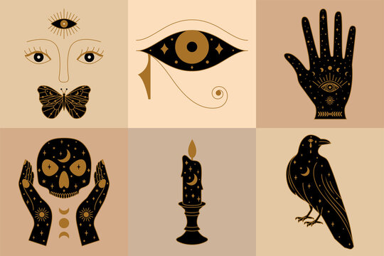 Set of Witch Icons Collection Featuring Horus Eye, Crow, Palm, Candle and Mystic Face Illustration.