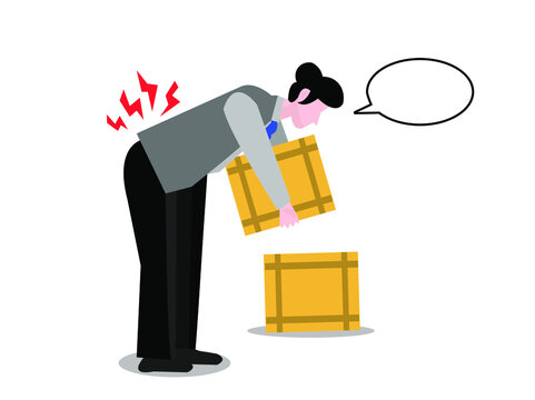 Cartoon woman injured lower back by bending over to lift heavy box from the floor. Vector illustration on work-related back injury due to back posture concept.