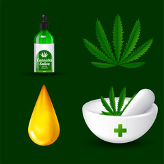 Vector illustration of cannabis leaf and oil in bottles