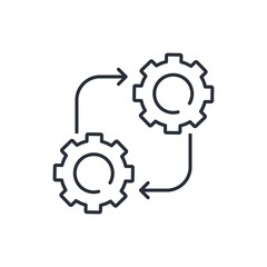 Chang gears and arrows. Make changes. Technological replacement, exchange. Vector linear icon isolated on white background.