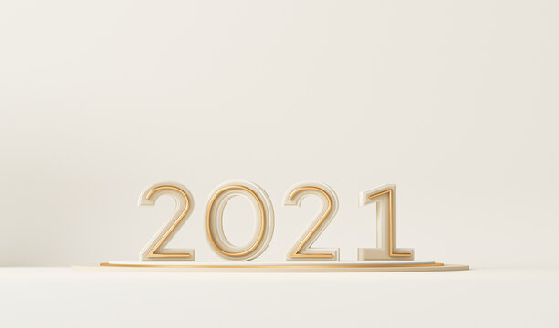 Concept of Happy New Year 2021. 3D numbers 2021 and letter text. Minimal scene with podium and pastel background. For poster, banner, cover card, brochure, studio, mockup. 3d render