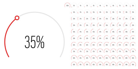 Set of circular sector percentage diagrams meters from 0 to 100 ready-to-use for web design, user interface UI or infographic - indicator with red