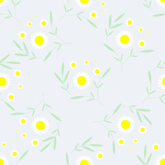 Chamomile or daisy seamless pattern on a white background. Endless patterns for baby textiles, bedding or clothing. Romantic daisies with leaves for babies. Vector image, flat style.
