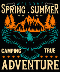 
Vintage Great Adventure Typography On Black Background t-shirt typography with mountain and eagle. Vintage print for tee shirt graphics, slogan - desert journey. Grunge apparel stamp, poster 