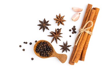 anise star with cinnamon stick ,Garlic and Pepper isolated on white background