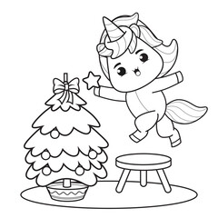 Coloring book christmas day with cute unicorn 