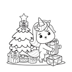 Coloring book christmas day with cute unicorn 