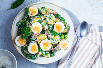 Traditional potato salad with bacon and eggs in white bowl, top view. Picnic food concept.