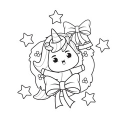 Coloring book christmas day with cute unicorn 
