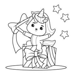 Coloring book christmas day with cute unicorn 
