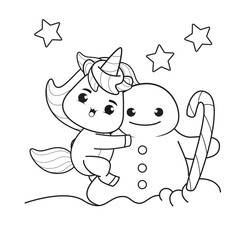 Coloring book christmas day with cute unicorn 