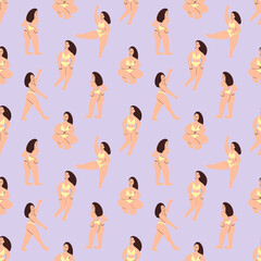 Bodypositive girls seamless pattern. A curvy model shows off her body. Vector illustration