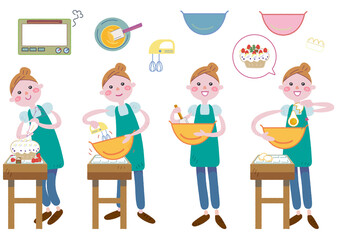楽しそうにスイーツをつくる女性　セット　イラスト						
